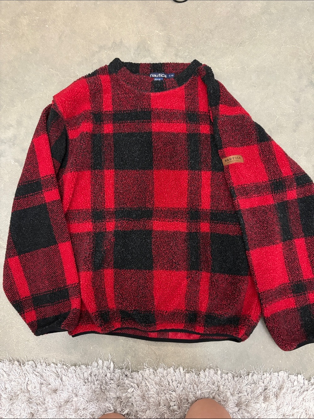 Nautica Men’s Red and Black Plaid Crewneck Sweater